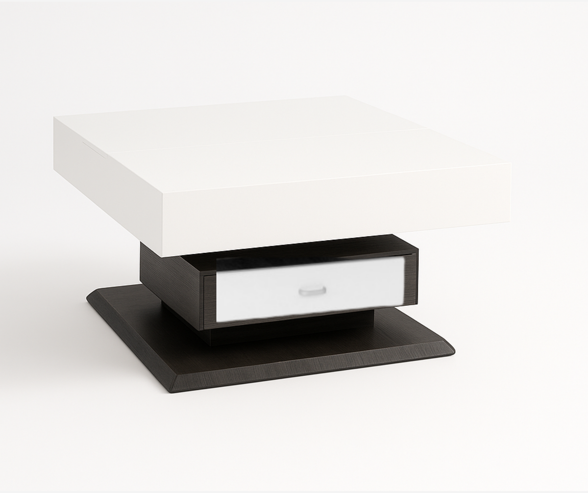 Rotating Lift-Top Coffee Table – High-Gloss White with Storage Drawer