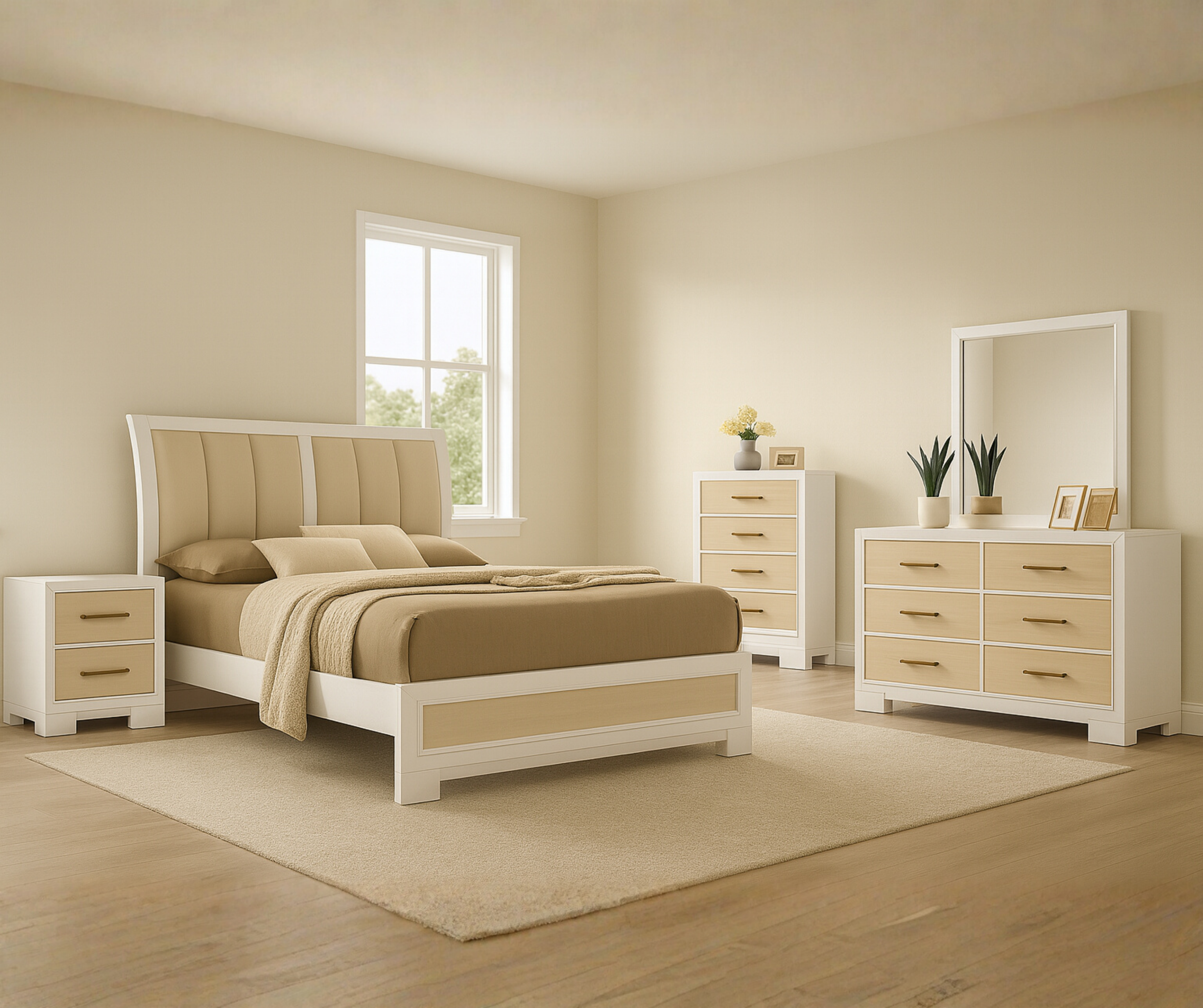 Flora 8-Piece Queen Bedroom Set – White Finish with Upholstered Headboard