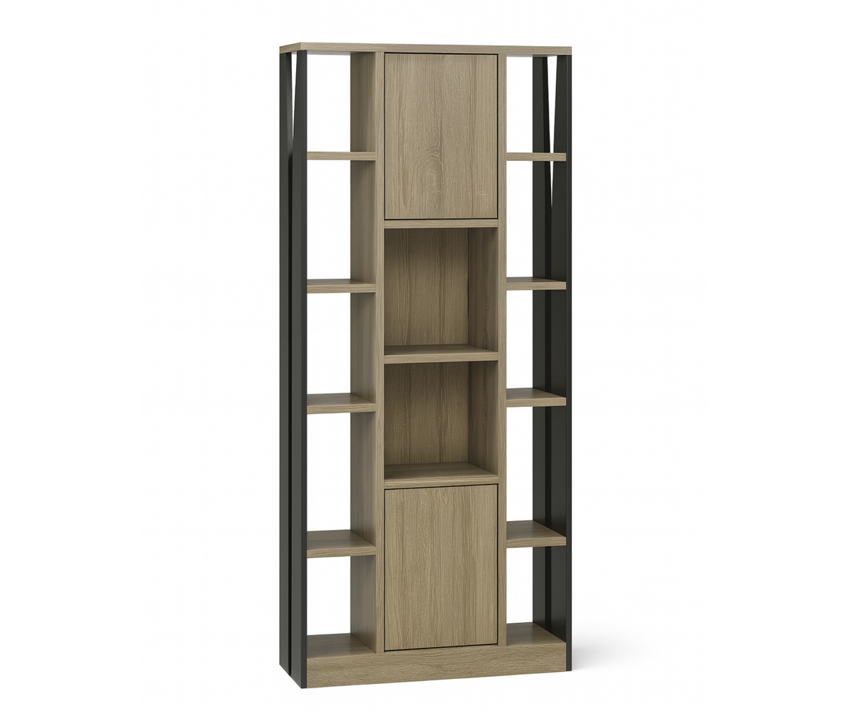 Taupe 12-Shelf Bookshelf with 2 Storage Cabinets – Two-Tone Wood & Black Frame