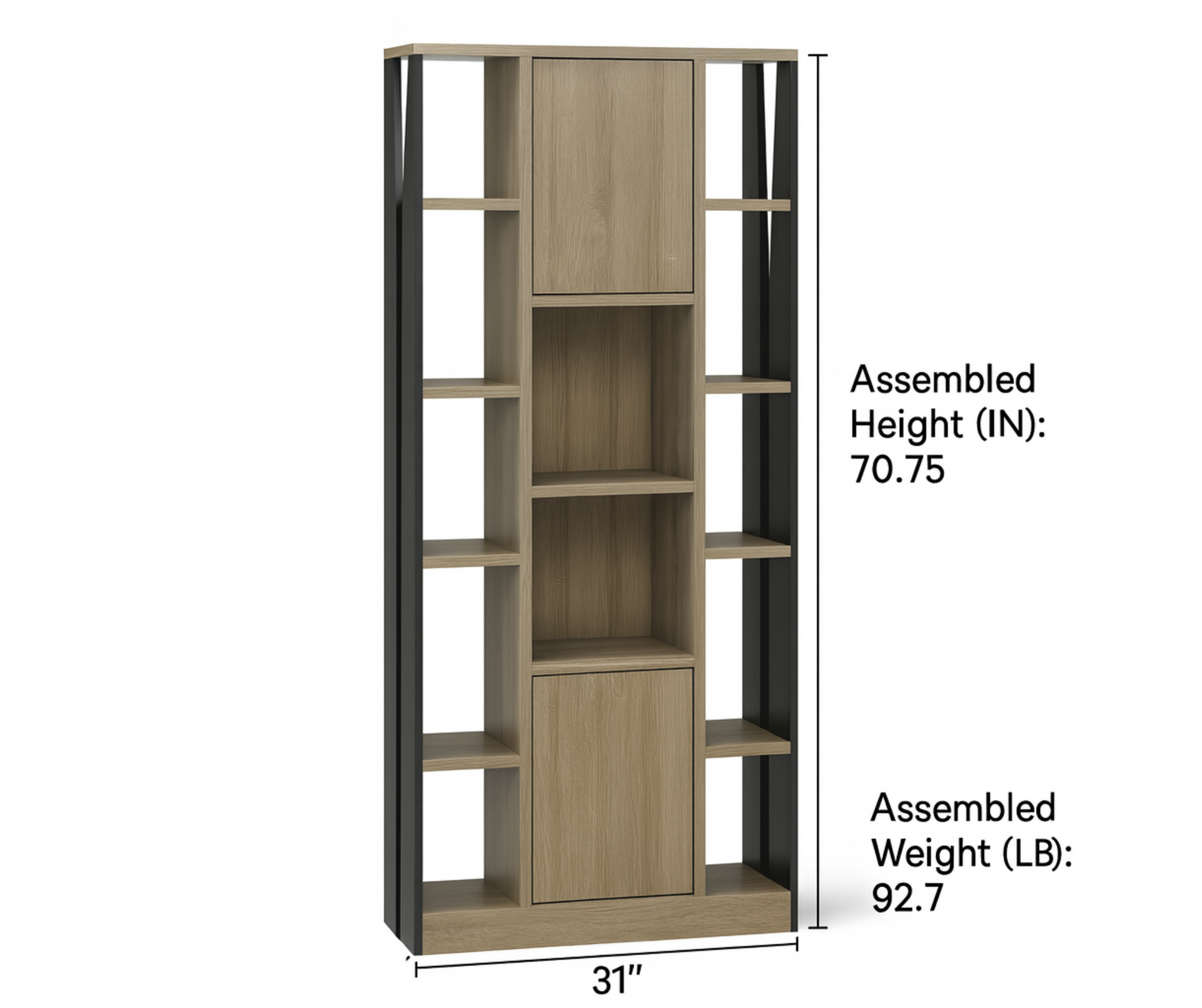 Taupe 12-Shelf Bookshelf with 2 Storage Cabinets – Two-Tone Wood & Black Frame