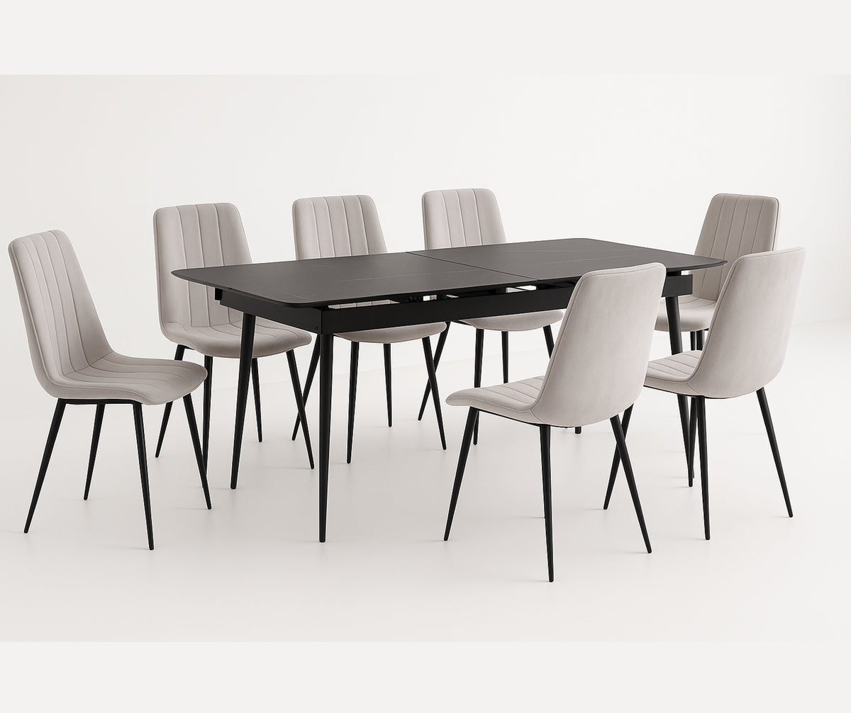 T-1472 Extendable Dining Set with Light Grey Velvet Chairs