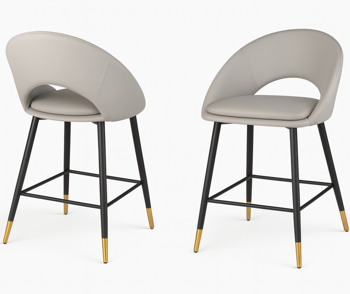 Mila Counter Stools (Set of 2) – Grey Fabric with Gold Accents